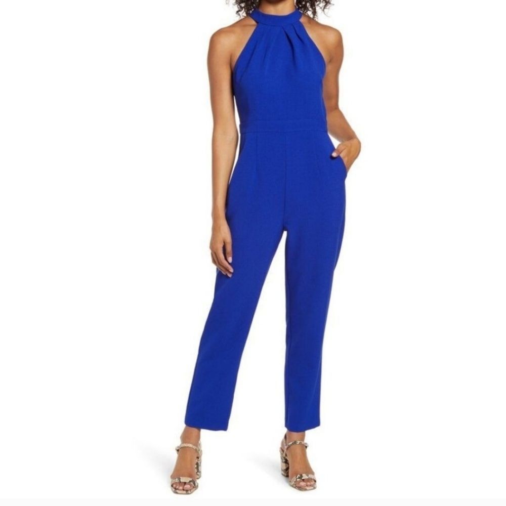 Julia Jordan Blue Pleat Mock Neck Jumpsuit. Women's Size 16